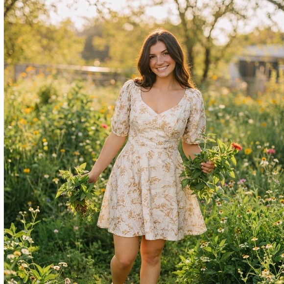 Lucy Paris Floral V-Neck Puff Sleeve Mini Dress Beige Women's Medium - Picture 10 of 10